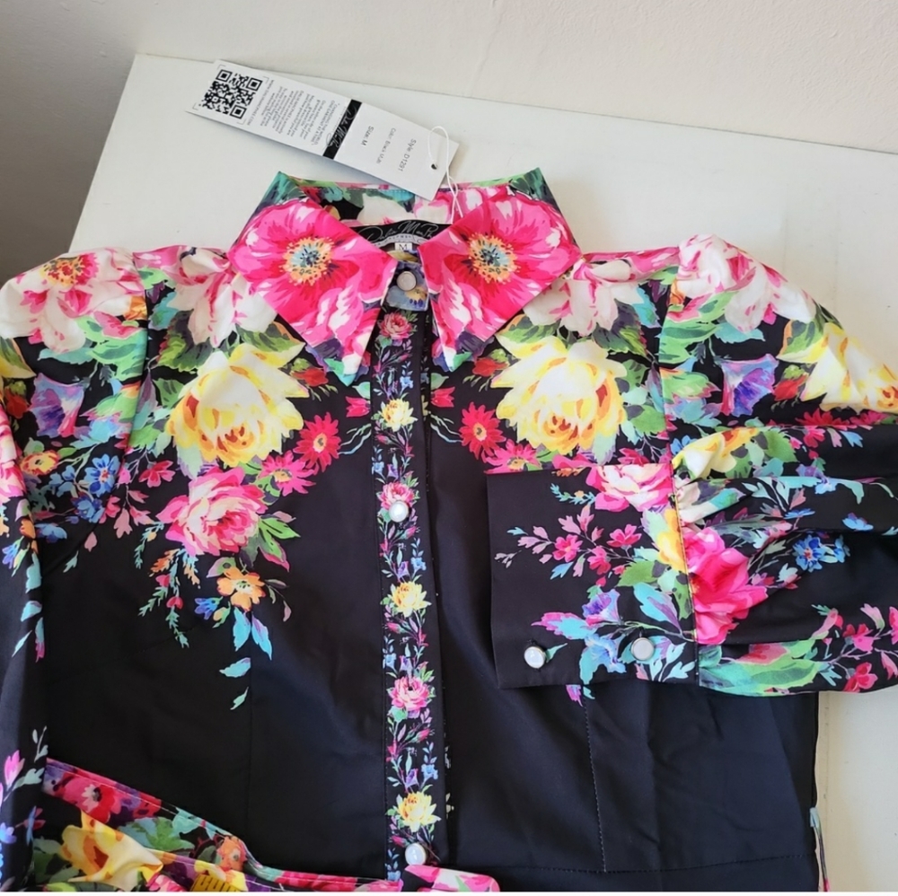 Nwt Dalia MacPhee Dress Large Black Pink Floral Button-Front  Long Sleeve Mi… - Picture 11 of 13